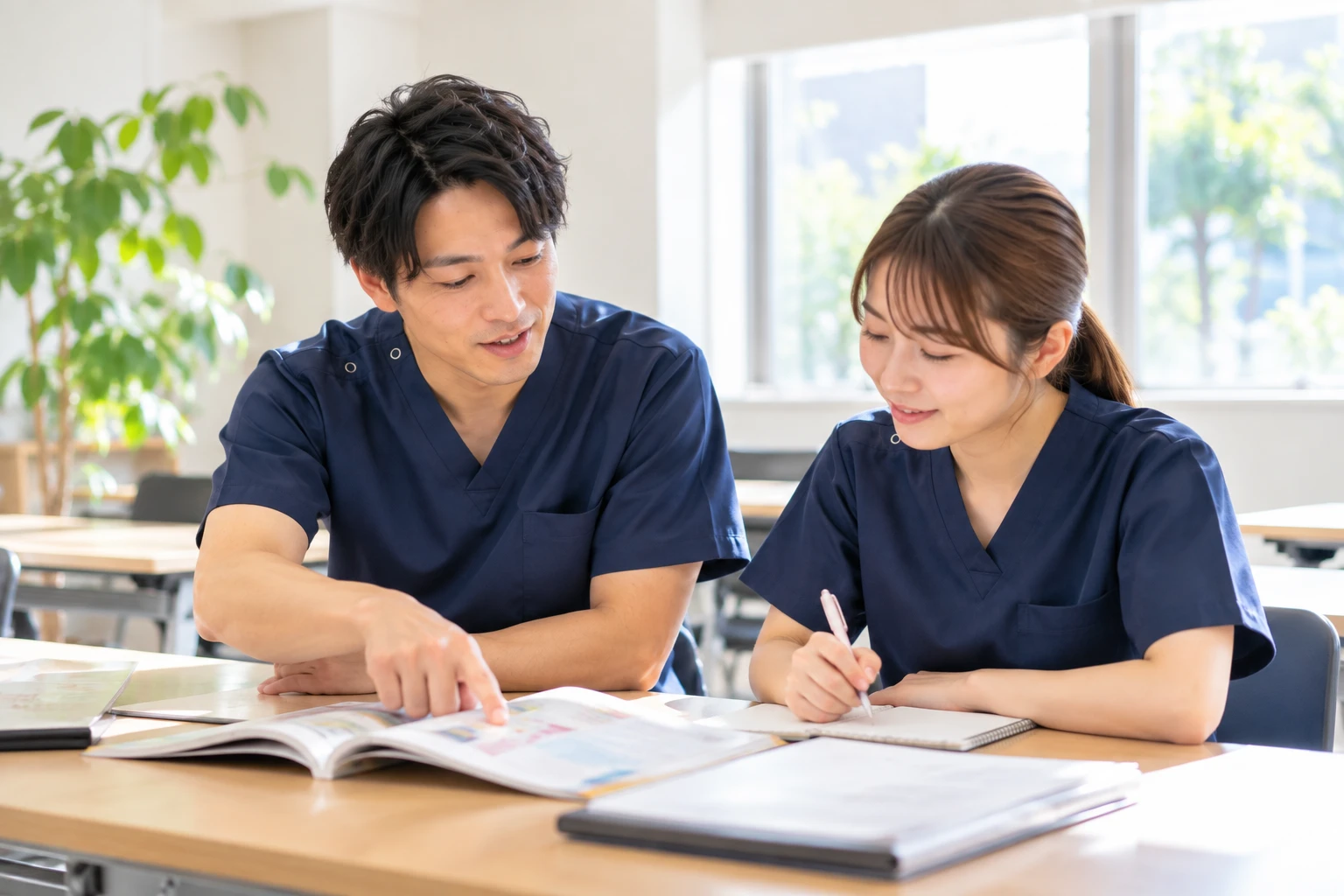先輩スタッフが新人スタッフにテキストを指して教えている様子